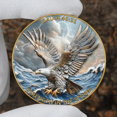 Miniatura 7 de Moneda de desafío de águila 3D de doble cara de aleación de zinc de 1.57 pulgadas, diseño inspirador colorido con Isaías 40:31, tema de fuerza