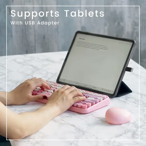 Miniatura 3 de Perixx PERIDUO-713 - Mini teclado inalámbrico y mouse, tapas redondas retro, rosa pastel, diseño en inglés de EE. UU