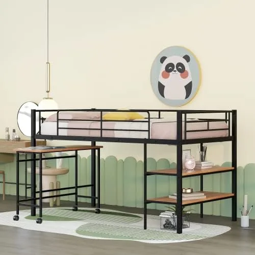 anwickjeff Moderna cama baja tipo loft tamaño individual con escritorio y 2 estantes de almacenamiento para niños y adultos, marco de cama de metal
