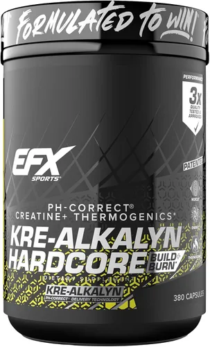 EFX Sports Kre-Alkalyn Hardcore | Suplemento termogénico de creatina monohidrato pH correcto, energía y fuerza, preentrenamiento | 120 porciones,