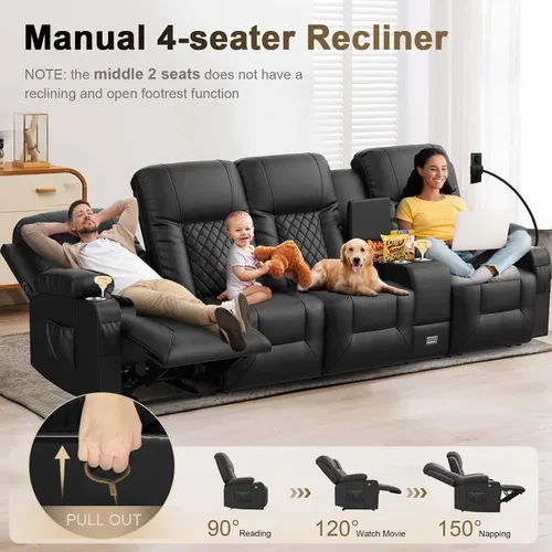 Miniatura 4 de YONISEE Juego de sofá reclinable moderno - Sofá de 4 plazas y 2 sillas reclinables giratorias con calor y masaje para sala de estar (4+1+1)