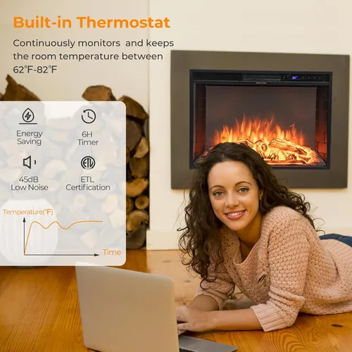 Miniatura 6 de GOFLAME Inserto de chimenea eléctrica de 26 pulgadas, calentador de chimenea empotrado de pared con termostato, 3 colores de llama, 6 brillo