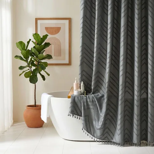 Miniatura 9 de Siiluminisoy Cortina de ducha gris para baño de tela bohemia, cortina de ducha de tela con textura de chevrón tufted elegante, cortinas de ducha