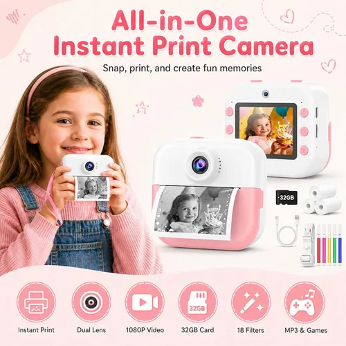 Miniatura 5 de Cámara selfie para niños con impresión instantánea frontal y trasera, regalos de Navidad y cumpleaños para niñas de 3 a 12 años, juguetes portátiles