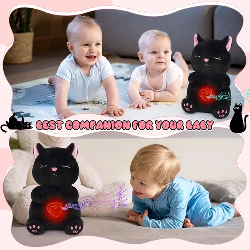Miniatura 4 de Animal de peluche que respira – Juguete de peluche de gato negro, máquina de sonido relajante con movimiento de respiración realista y luces