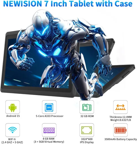 Miniatura 2 de Tablet de 7 pulgadas con funda, tabletas Android 15 de cinco núcleos, 8GB RAM 32GB ROM expansión de 512GB, pantalla IPS HD de 1024 x 600, 3500mAh
