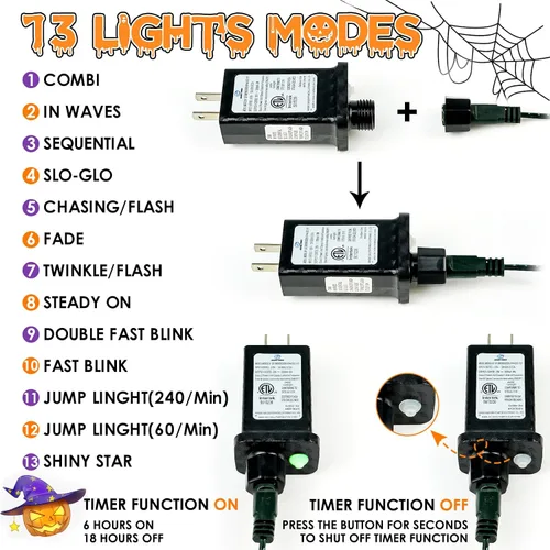 Miniatura 8 de Guirnalda de luces moradas y naranjas de Halloween, se pueden conectar entre sí, 2 unidades, 164 pies, 400 LED, 13 modos, impermeable
