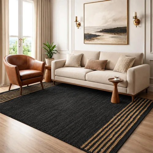 Miniatura 18 de GRUHUM Alfombra de pasillo de yute 2'6" x 8' pies, fibra natural, negra, rectangular, de yute, cuero, tejida a mano, estilo bohemio, para casa