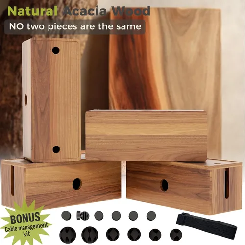 Miniatura 7 de Caja grande de madera de acacia para cables de alimentación, corrector de cable de perfil bajo para cables de piso y cables de extensión, protector