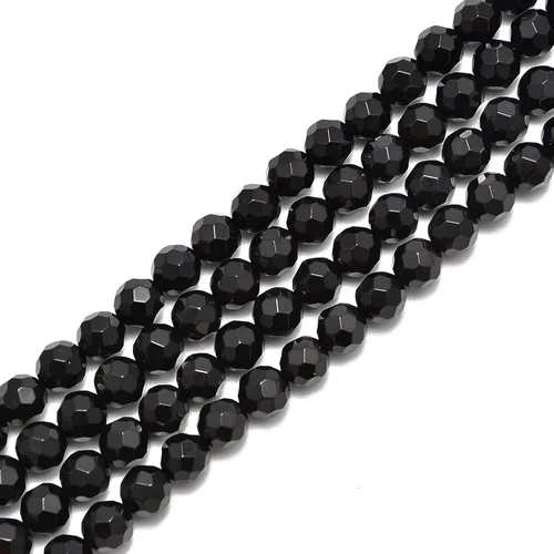 JM Design Cuentas de piedras preciosas sueltas redondas y facetadas grandes de ónix negro, tamaño 0.315 in, 15.5 pulgadas, hebra para fabricación de