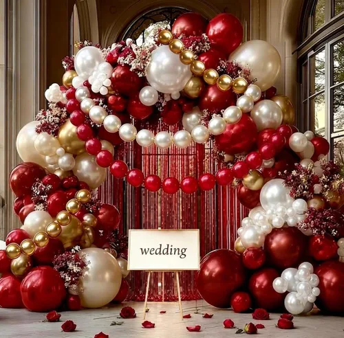 Arco de globos de oro rojo y blanco, doble relleno, kit de guirnalda de globos de enlace rojo, cortina de flecos para cumpleaños, despedida de Oro
