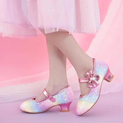 Miniatura 2 de Dufannie Zapatos de vestir para niñas, zapatos de tacón bajo de princesa, zapatos planos con purpurina para bodas y fiestas