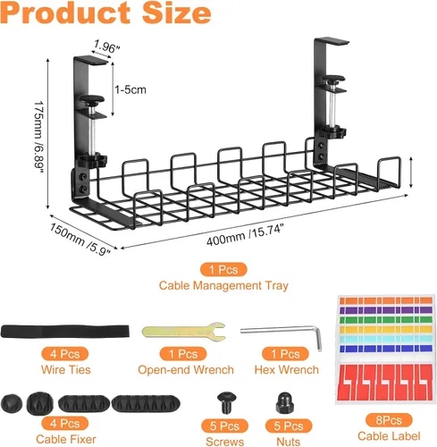 Miniatura 2 de uxcell Bandeja de organización de cables, 1 unidad de 15.75 pulgadas, estante de metal para organizar cables debajo del escritorio, sin taladro