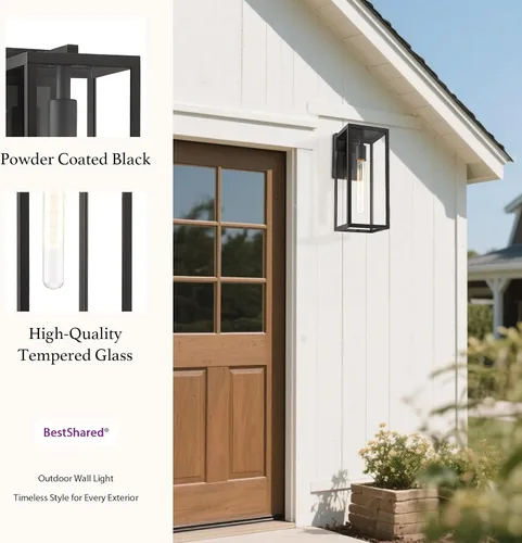 Miniatura 7 de Bestshared Aplique de pared para exteriores, paquete de 2 faroles de pared exteriores de 15 pulgadas con vidrio transparente, luces negras