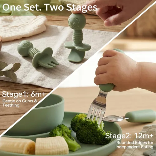 Miniatura 4 de Bufims Juego de alimentación de silicona para bebés, suministros de destete para bebés, utensilios esenciales para comer con placa de succión