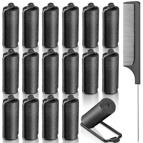 Syhood 18 rodillos de satén para cabello negro, rodillos de esponja de espuma, rizadores de pelo envueltos en satén negro para peinado de peluquería