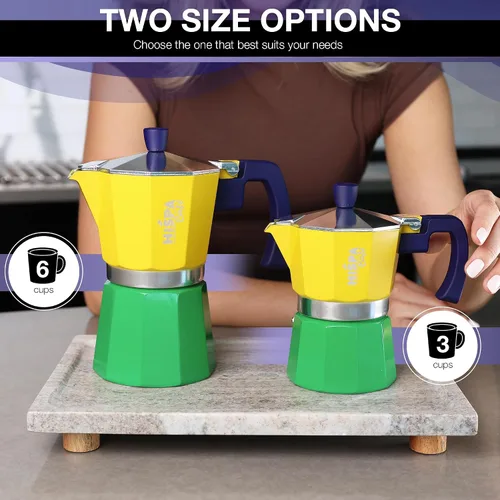 Miniatura 5 de Cafetera de café expreso para estufa, 3 tazas de café expreso (6 onzas), aluminio, plata, verde, azul y amarillo, con temática brasileña, cafetería