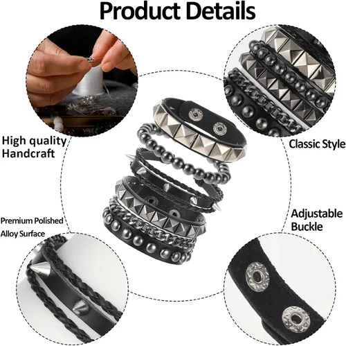 Miniatura 3 de 4 Pulseras de Cuero Tachonadas, Pulsera Punk de Cuero PU con Pinchos para Hombres y Mujeres, Brazalete de Cuero Muñequera de los Años 80 Juego