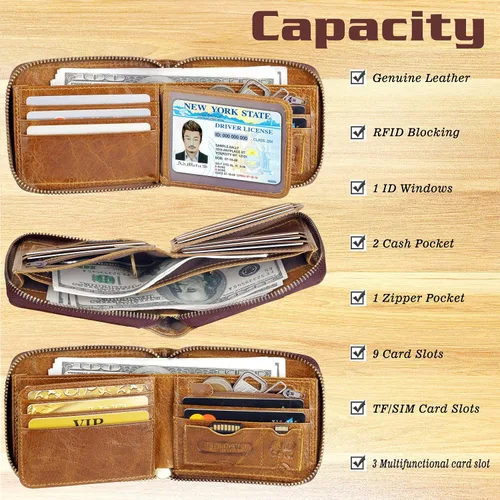 Miniatura 41 de Admetus - Cartera de piel auténtica para hombre con cremallera, plegable