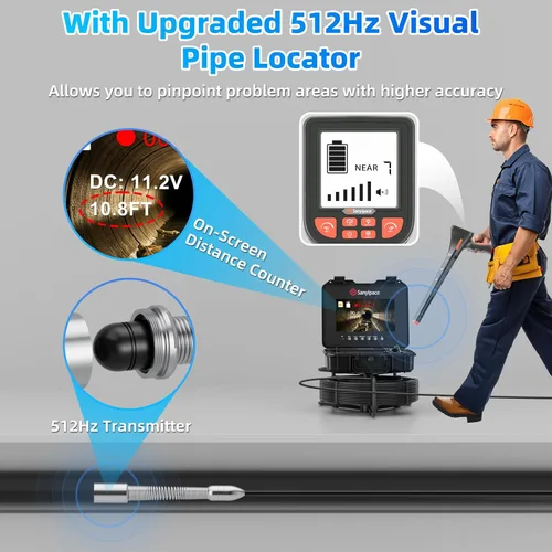 Miniatura 2 de Sanyipace Cámara de Alcantarillado con Localizador de Tuberías, Cable de 7mm/0.28pulgadas, 512Hz, Pantalla IPS de 10.1", Tarjeta de 32GB, Cámara