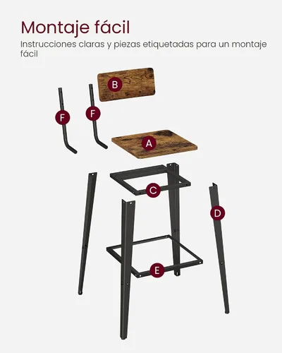 Miniatura 9 de VASAGLE Juego de 2 taburetes de bar, taburetes de barra de altura, taburetes de bar de 29.1 pulgadas de alto con respaldo, sillas de barra para isla
