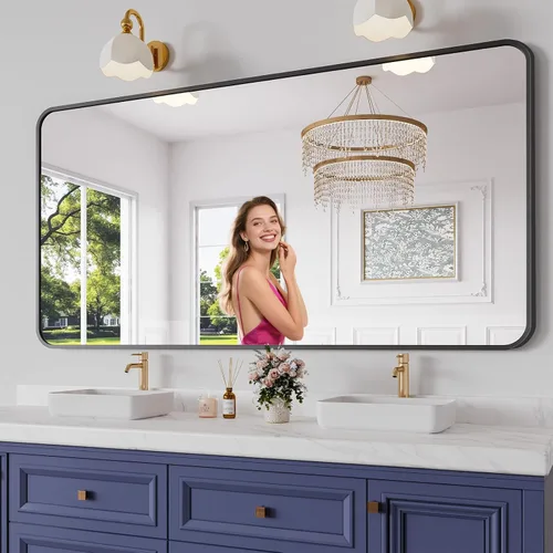 Miniatura 14 de Koonmi Espejo de baño, 30 x 30 pulgadas, espejo con marco de metal negro para baño, vidrio templado, antioxidante, espejo rectangular redondeado
