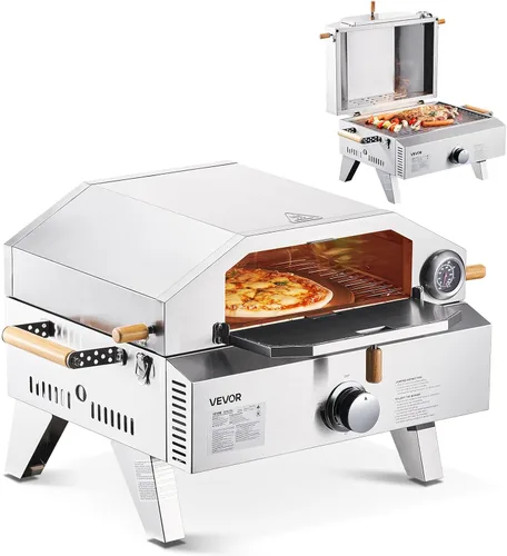 VEVOR Horno de pizza para exteriores 2 en 1, horno y parrilla de pizza de propano de 13 pulgadas, horno de gas propano de mesa de 12,000 BTU con