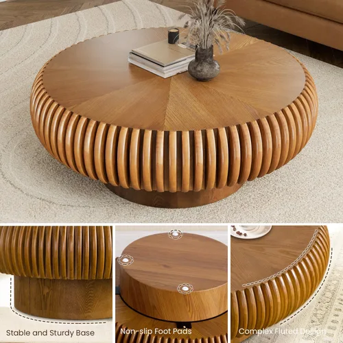Miniatura 4 de Mesa de centro de tambor de 31.5 pulgadas, moderna y única, mesa de té acanalada, mesa de centro redonda de madera contemporánea con mesa central