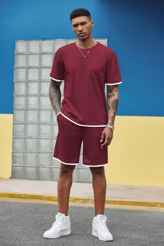Miniatura 49 de COOFANDY Conjunto de camisa y pantalones cortos de gofre para hombre, conjunto de 2 piezas, conjunto casual de verano con bolsillos
