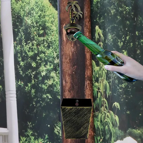 Miniatura 3 de Abridor de tapas de cerveza de montaje en pared, palmera de bronce envejecido inoxidable con rosca en abridor de botellas con tapa de drenaje