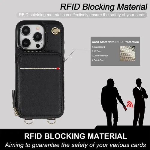 Miniatura 4 de Bocasal Funda tipo cartera cruzada para iPhone 15 Pro, funda de piel con bloqueo RFID y soporte para tarjetas, funda protectora con cremallera