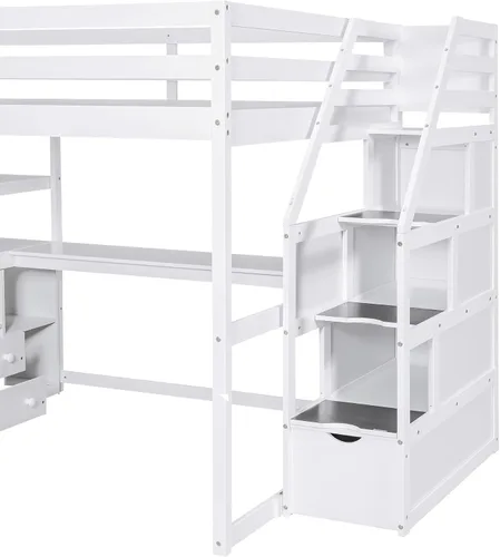 Miniatura 7 de Quarte Cama alta multifuncional, cama alta tamaño matrimonial con escritorio integrado y estantes de almacenamiento, dos cajones y escalera