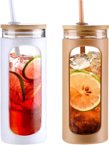 Miniatura 45 de Kodrine Vaso para agua de vidrio de 20 onzas con popote y tapa, botella de agua con tapas de bambú, taza para café helado, reutilizable, boca ancha