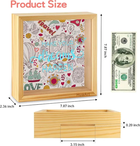 Miniatura 2 de Alcancía para niños, caja de madera más grande y segura para niños, caja de dinero de madera natural, impresa en la parte delantera de plexiglás