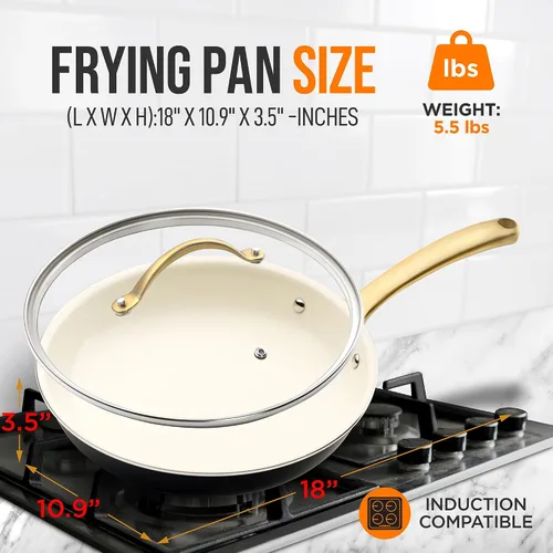 Miniatura 2 de NutriChef Sartén mediana de cerámica antiadherente con tapa, sartén no tóxica de 10 pulgadas con tapa, sartén compatible con inducción con mango