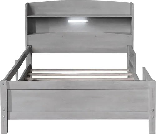 Miniatura 5 de VilroCaz Moderna cabecera de almacenamiento de cama de tamaño individual y barandilla de seguridad para niños, base de cama de plataforma de madera