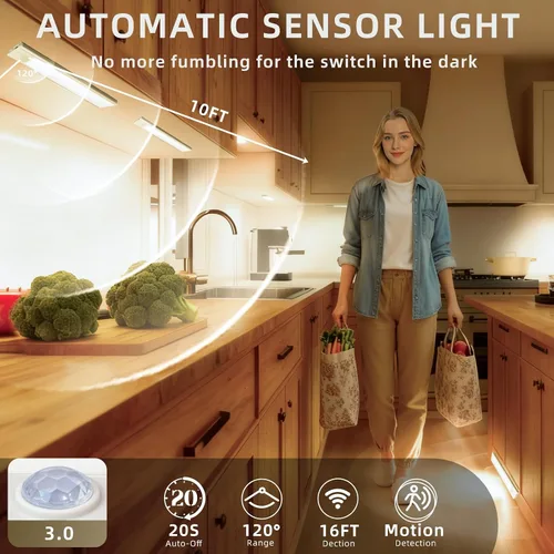 Miniatura 2 de Paquete de 4 luces para debajo del gabinete, luz recargable con sensor de movimiento para interiores, luces magnéticas inalámbricas regulables, 32