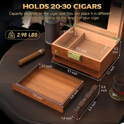 Miniatura 3 de Caja de humidor para puros XIFEI, estuche de escritorio de madera de cedro con higrómetro digital, humidificador, divisor, cajón de accesorios