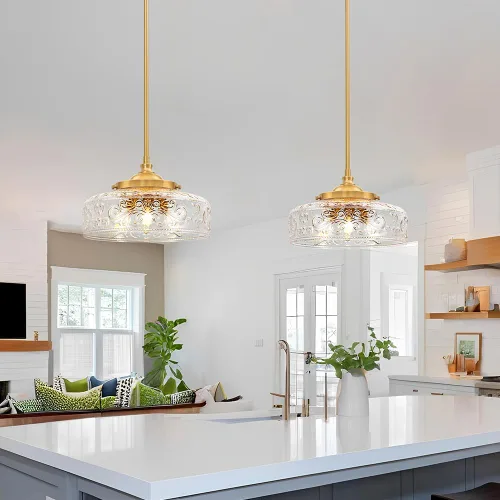 Miniatura 2 de 3 luces colgantes ajustables para isla de cocina, metal cepillado dorado y vidrio transparente, luces colgantes de latón vintage para baño, pasillo