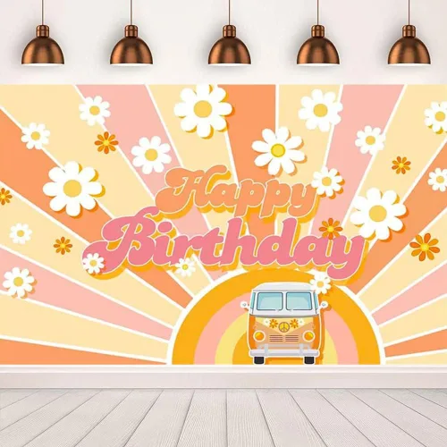 Pancarta de cumpleaños hippie retro Groovy Boho Daisy Bus Daisy Flower Boho Party Fotografía telón de fondo Groovy Hippie Theme Happy Birthday Party