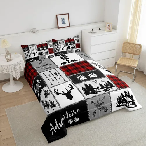 Miniatura 214 de Juego de edredón de cuernos de ciervo tamaño individual, juego de ropa de cama rústica de granja con huellas de oso y pinos para decoración