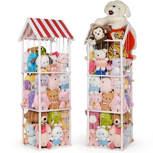 Edudif Almacenamiento de animales de peluche, soporte vertical para animales de peluche de madera, fácil montaje, organizador de juguetes de peluche