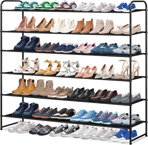 Miniatura 8 de KIMBORA Zapatero largo de 4 niveles para el piso del armario, estante ancho para zapatos, organizador de almacenamiento de 30 pares apilables, Negro