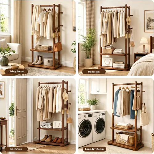 Miniatura 7 de Perchero de madera maciza con 2 estantes y 4 ganchos para colgar ropa, carteras, sombreros, estante de ropa resistente, perchero para abrigos
