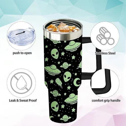 Miniatura 4 de Vaso térmico de alienígena de 40 onzas con asa y pajita abatible, taza aislante de acero inoxidable para amantes de ovnis, taza de café de viaje