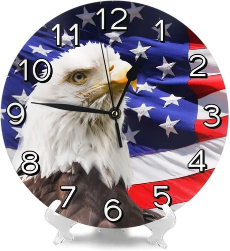 Miniatura 9 de Reloj de pared con bandera estadounidense patriótica de águila calva, funciona con pilas, reloj redondo silencioso para decoración de pared