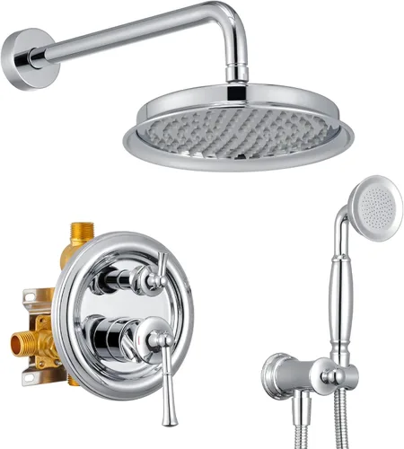 Miniatura 8 de Cabezal de ducha de lluvia con combo de mano, sistema de ducha dorado cepillado con válvula de presión de equilibrio, cabezal de ducha de 9 pulgadas