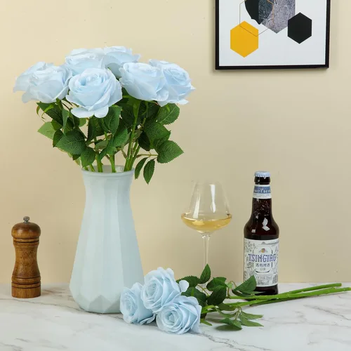 Miniatura 5 de 12 piezas Rosas Flores Artificiales Rosas Falsas Azul Bebé Rosas de Seda Flores de Seda Blancas Rosas con Tallos Largos para Bodas Hogar Fiestas