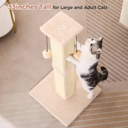 Miniatura 7 de Poste rascador grande para gatos con base resistente, poste rascador cuadrado resistente de sisal de 33 pulgadas y 2 bolas interactivas para colgar