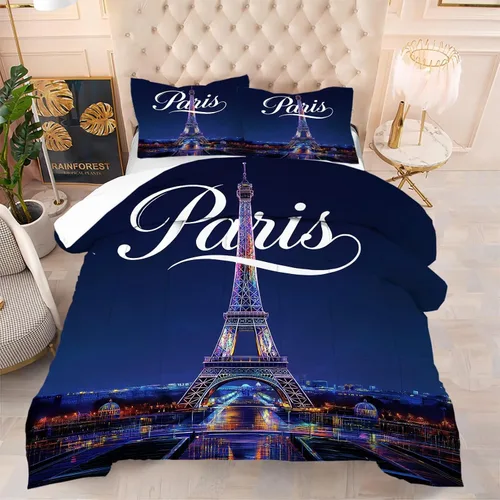 Miniatura 33 de kxry Juego de edredón de París, tamaño Queen, color rosa, Torre Eiffel Sena, ropa de cama estilo francés, edredón de paisaje urbano de París